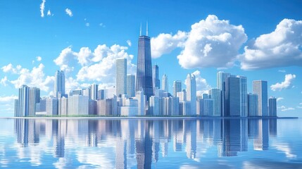 Fototapeta premium Illustration Beautiful skyline view with simple geometric buildings under blue sky. Ai generated image