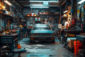 Obraz premium Classic car in a cluttered garage workshop.