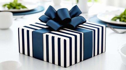 Festive personalized gift box in navy and white minimalist packaging concept