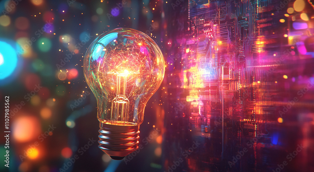 Aufkleber bright light bulb glowing amidst colorful digital patterns in a creative art display