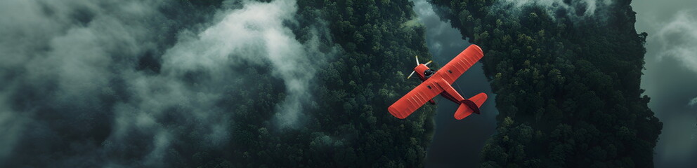 Fototapeta premium Red airplane flies over river bed. Top view of dark green forest panorama. banner copyspace