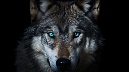 Fototapeta premium Porträt eines Wolfes mit blauen Augen und schwarzem Hintergrund