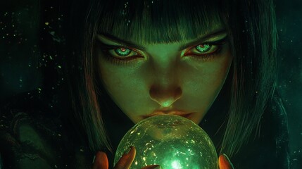 Naklejka premium Mysterious woman with glowing red eyes gazes intently at a glowing orb, dark fantasy art.