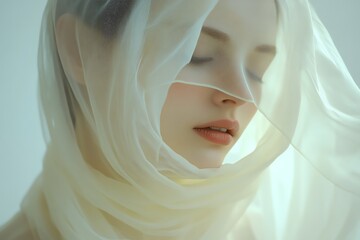 Woman in a sheer white hood, softly lit with a minimalist and ethereal style