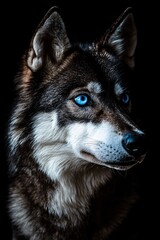 Obraz premium Portrait of a husky dog with blue eyes on a black background