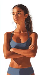 Fototapeta premium woman in a sporty bikini, with her arms crossed and a confident stance on a plain white background
