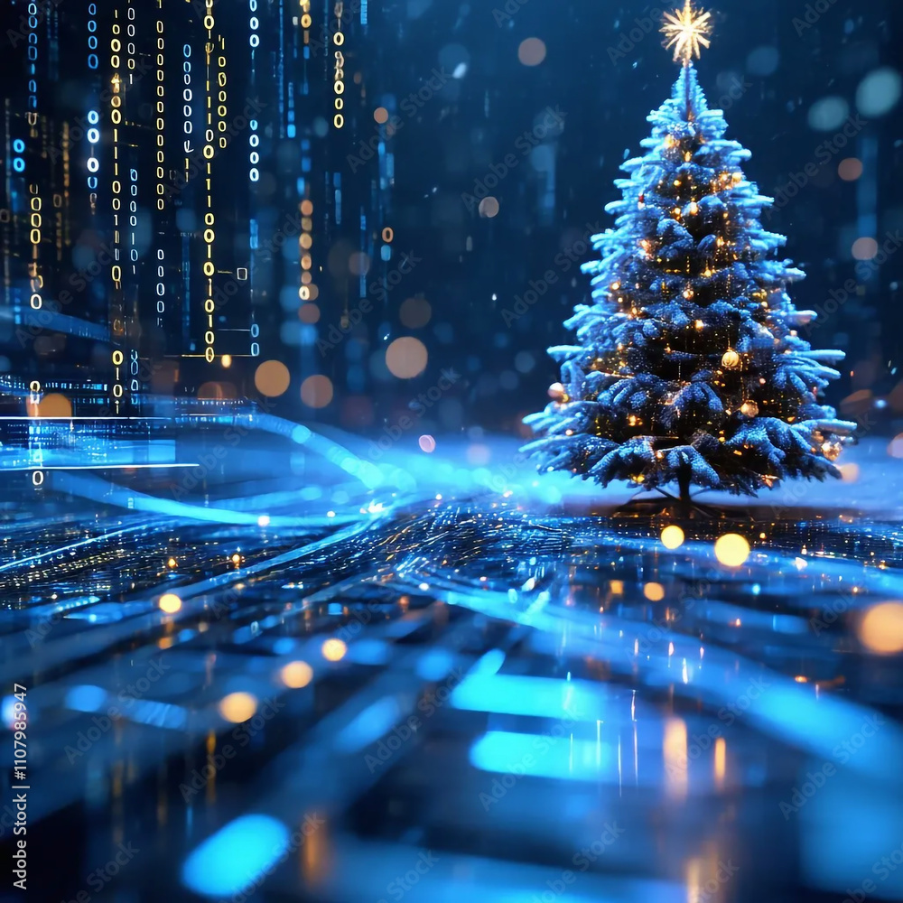 Wall mural glowing christmas tree on abstract futuristic background with glowing particles. combination of high