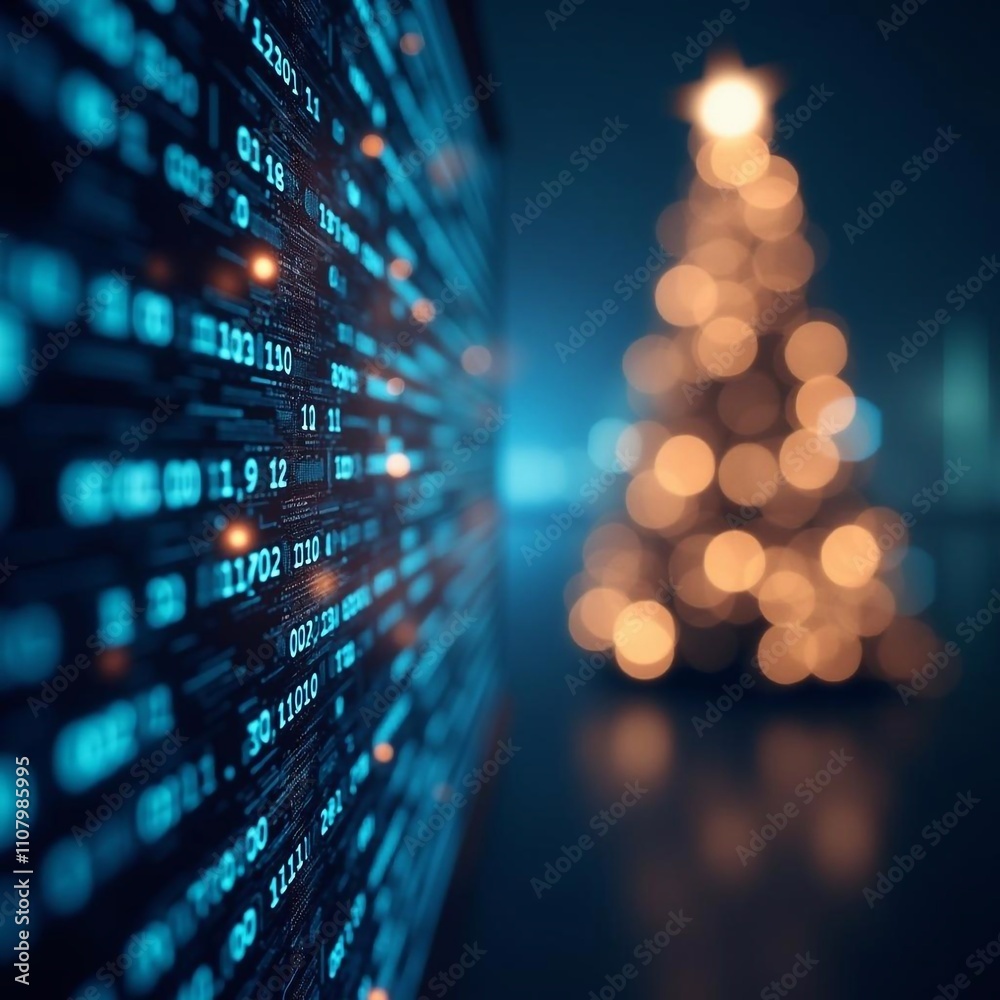 Wall mural glowing christmas tree on abstract futuristic background with glowing particles. combination of high