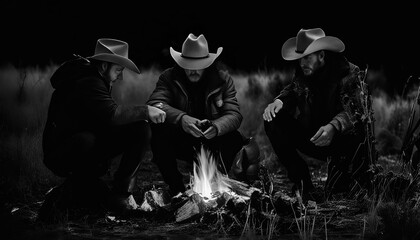 cowboys keeping warm by a campfire