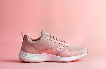 Pink sneaker isolated on pastel pink backdrop. Minimalist design. Trendy casual attire. Stylish footwear. New shoe. Sporty style. Comfortable rubber sole. White accents on sole, laces. Stylish shoe.
