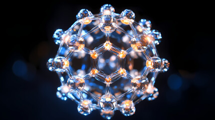 Glowing spherical molecule with elegant kinetic movement and intricate crystalline network pulsing with bioluminescent hues and hyper detailed texture. Crystalline. Illustration