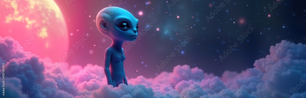 Poster alien character stands among clouds in deep space. neon colors surround small figure. mystical futur