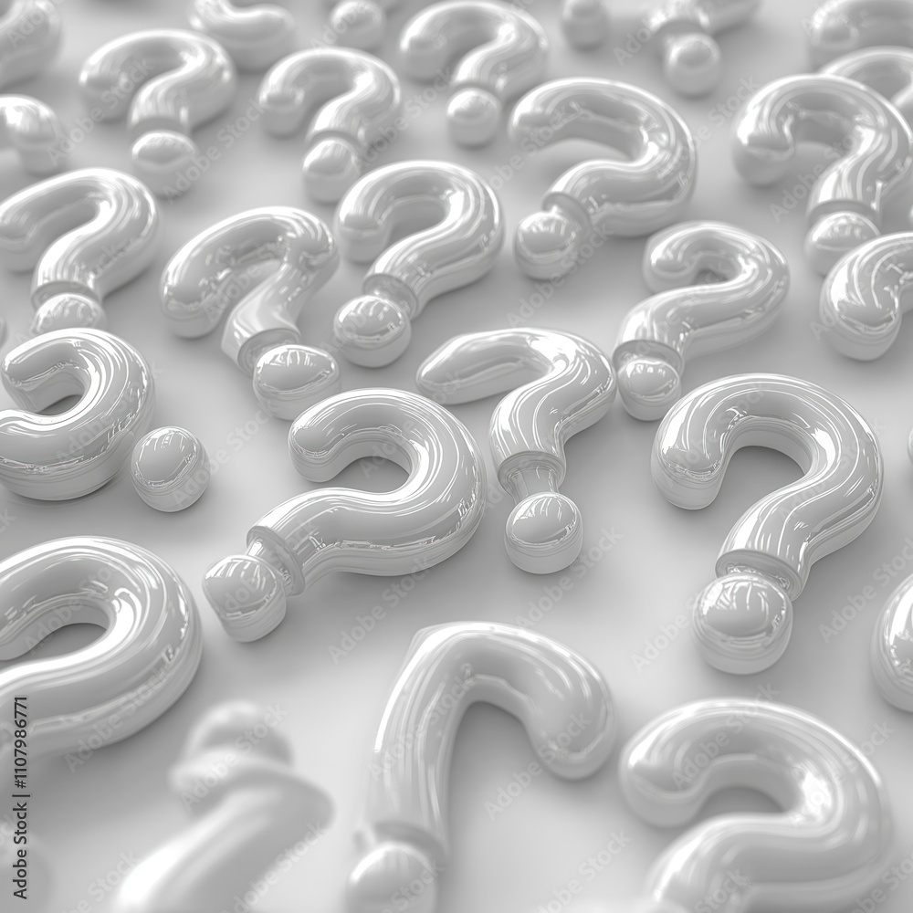 Aufkleber 3D rendering shows many white question marks. Abstract design indefinite questions, business concepts. Modern design perfect for innovation, problem-solving, strategy themes. Illustrates conceptual