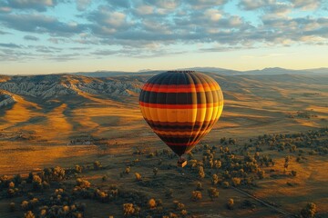 Obraz premium Hot air balloon flying over misty valley at sunrise