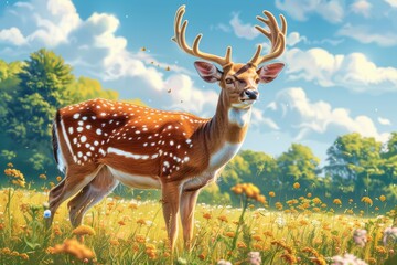 Obraz premium A serene deer stands in a vibrant meadow filled with flowers under a blue sky.