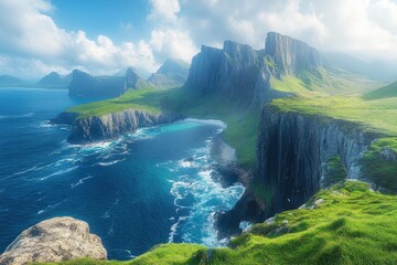 Hand of god rock formation overlooking the turquoise sea and green cliffs of the scottish highlands