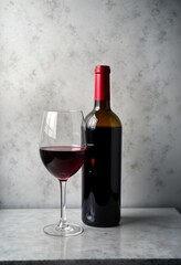 Bottle, glass of red wine on grey stone background. Elegant drink presentation. Wine bottle with red label. Wine glass filled with red wine. Perfect for winery product luxury drink. Ideal for