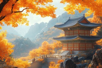 Obraz premium Traditional korean house stands on cliffside overlooking autumn valley at sunrise