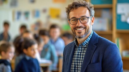 Obraz premium Portrait of smiling teacher standing in classroom with students learning