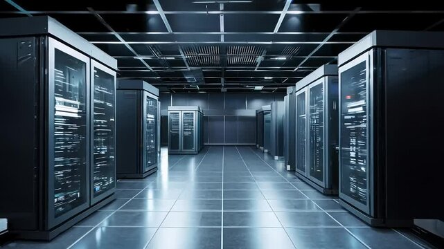 Modern data center with rows of servers, advanced technology