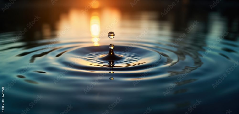 Poster close-up view of water surface. water droplet impacts water surface causing ripples. circular patter