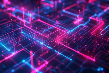 Fototapeta premium Abstract technological network with glowing nodes and lines. Modern and complex background. Concept of future digital technology, glow of energy. Glow of energy. Technology and engineering background