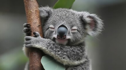Obraz premium Koala sleeping peacefully while holding eucalyptus leaves