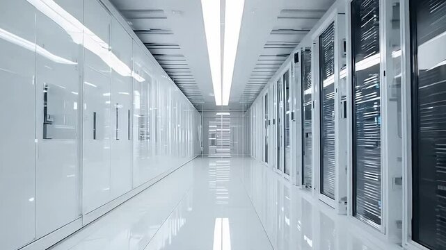 Modern data center with rows of servers, advanced technology