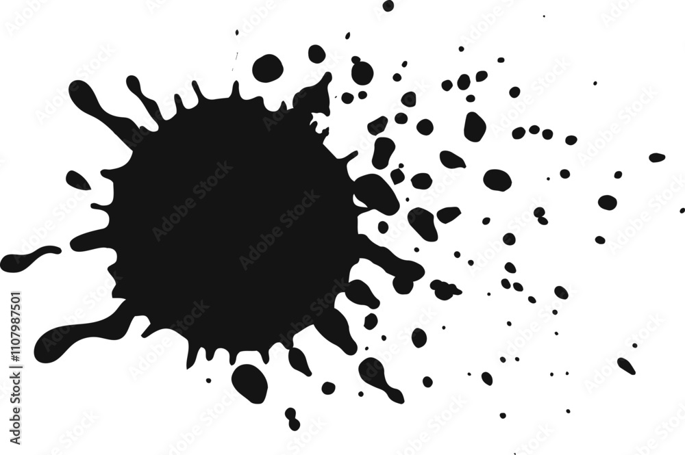 Poster black ink splashes and spreads on a white background, creating a dynamic abstract shape with tiny dr
