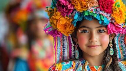 Fototapeta premium Latin american girl wearing traditional colorful headdress and clothes smiling