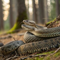 Fototapeta premium Several snakes coiled together on a rock amidst a scenic mountain backdrop. 
