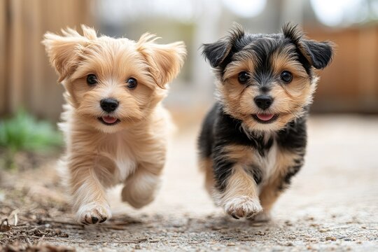 Two adorable morkie puppies running and playing outdoors