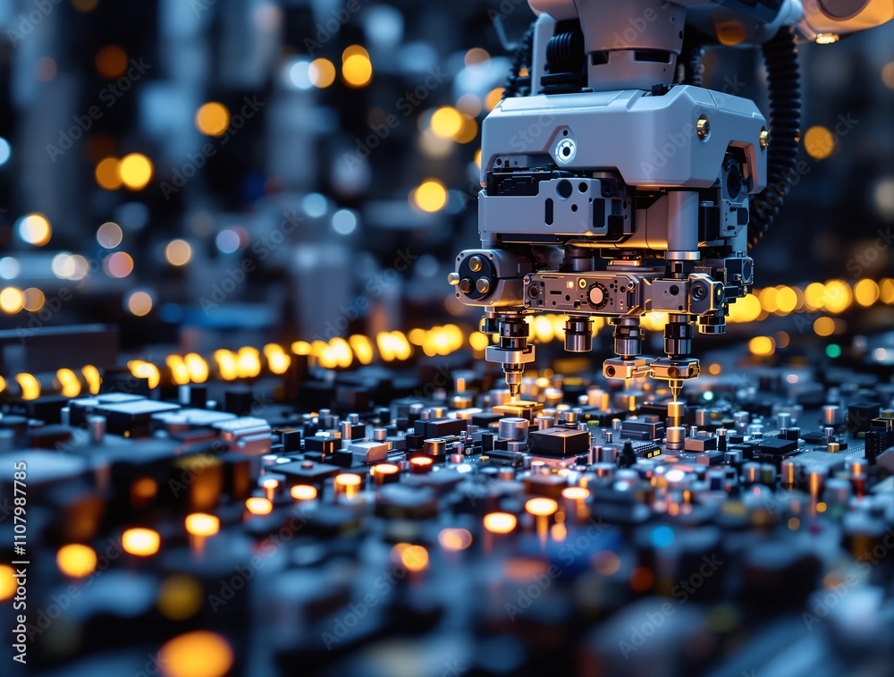 Poster Detailed view of a robotic arm assembling electronics