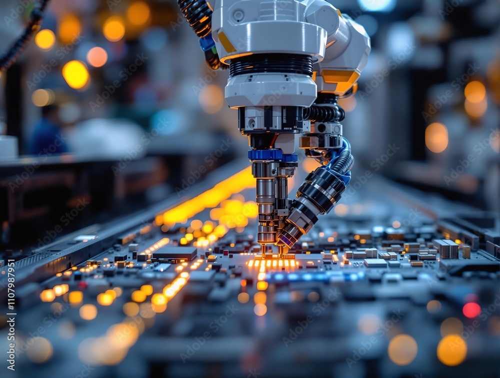 Poster close-up of a robotic arm working on a circuit board