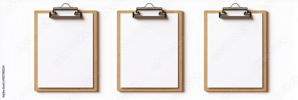 Aufkleber Three plain wooden clipboards with blank paper sheets. Blank clipboards on white background. Versatile mockup for design templates, graphic art. Suitable for presentation ideas, creative projects.