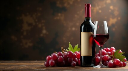 Obraz premium A bottle of red wine with a glass and fresh grapes on rustic wooden table
