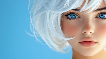 Fototapeta premium Captivating Beauty With Striking Blue Eyes and Stylish White Hair in Vibrant Background Design