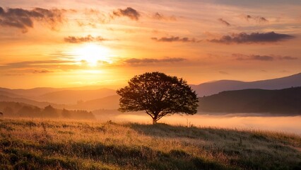 serene landscape featuring a lone tree silhouetted against a vibrant sunrise or sunset