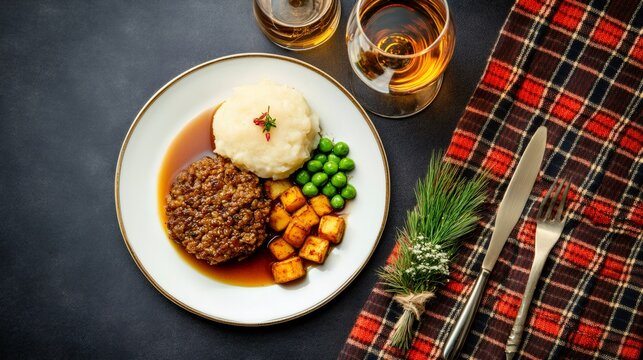 scottish tradition art, burns night spread haggis, neeps, tatties, whisky, thistle, and robert burns works on tartan backdrop in a stylish flat-lay