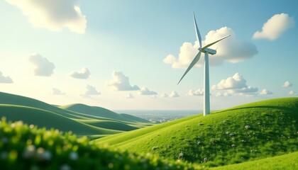 Obraz premium Sprawling green hills with a wind turbine against a serene blue sky and clouds