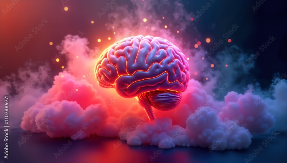 Poster 3d model of human brain surrounded by vibrant smoke, fire in abstract colourful concept. abstract re