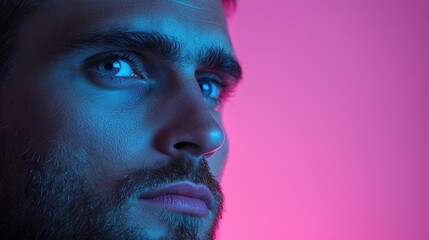 Naklejka premium Close-up portrait of a man's face. the man has a beard and mustache and is looking off to the side with a serious expression. his eyes are a piercing blue color and his eyebrows are slightly furrowed.
