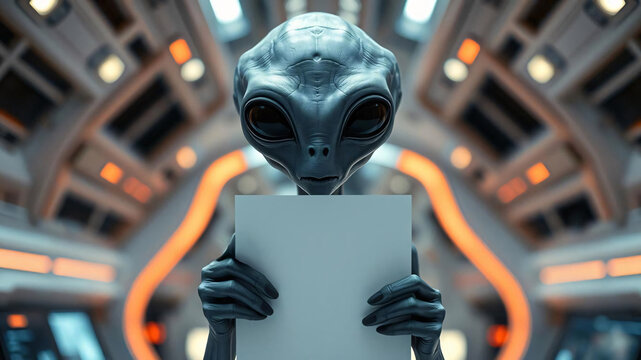 The black-eyed, wide-eyed Grey alien in the center of the image is holding a blank white piece of paper. The background is a modern looking spaceship,