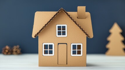 A small, cardboard model of a house with windows and a door, set against a dark background, conveying a cozy, creative atmosphere.