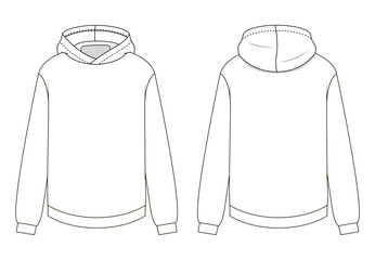 Technical illustration of a hoodie with a distinctive twisted neckline and plain design.