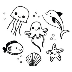 Fototapeta premium Set of Fish outline coloring page for kids art silhouette.