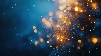 Fototapeta premium Frosted Pine Branch with Golden Bokeh Lights and Soft Blue Background, Winter Holiday Scene with Glittering Festive Atmosphere