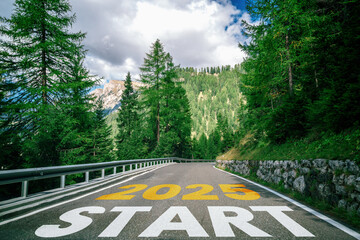 2025 New Year road trip travel and future vision concept . Nature landscape with highway road...