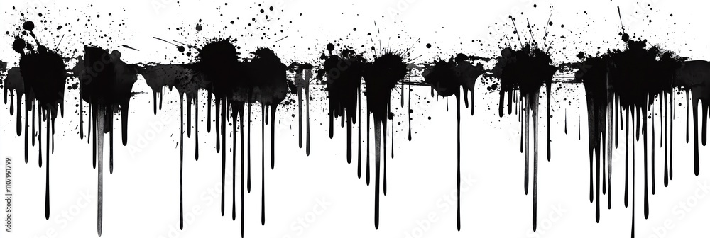 Poster black paint drips, splatters form striking design. abstract art style creates dynamic visual. grunge