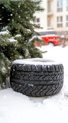 Close view of a tire on snowy terrain, emphasizing the importance of winter road safety and effective vehicle care during the cold season
